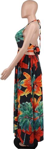 Qikaka Women's Sleeveless Deep V Neck Floral Printed Metal Chain Bodycon Sexy Nightclub Party Boho Dress in Kuwait
