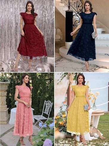Women's Midi Formal Dress 2025 Flutter Short Sleeve Crewneck Lace Wedding Guest Party Dresses in Saudi Arabia