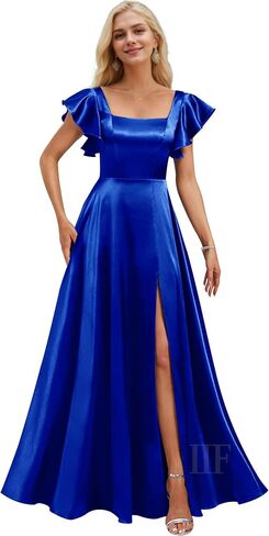 فساتين وصيفات الشرف قصيرة الأكمام مع جيوب مربعة الرقبة A-LINE SATIN PROM DUNT للنساء مع شق IIF134 in Kuwait