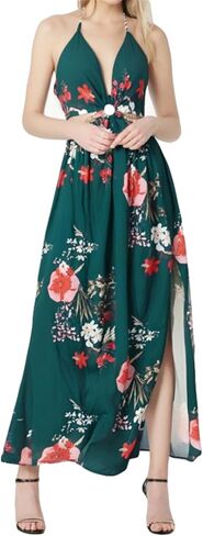Qikaka Women's Sleeveless Deep V Neck Floral Printed Metal Chain Bodycon Sexy Nightclub Party Boho Dress in Kuwait