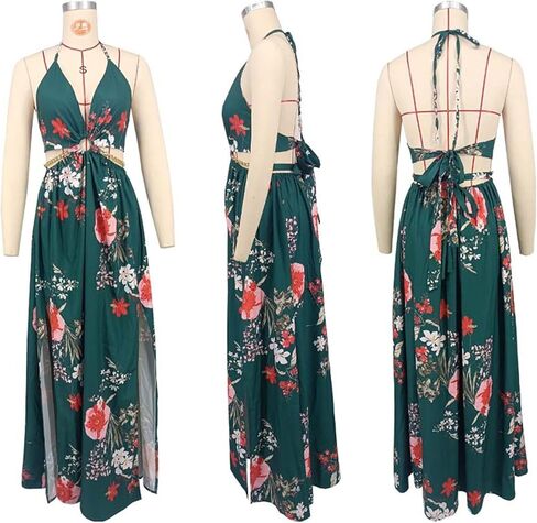 Qikaka Women's Sleeveless Deep V Neck Floral Printed Metal Chain Bodycon Sexy Nightclub Party Boho Dress in Kuwait