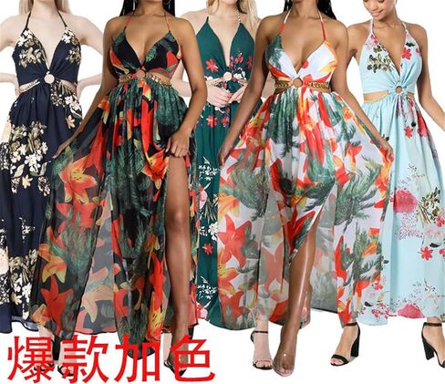 Qikaka Women's Sleeveless Deep V Neck Floral Printed Metal Chain Bodycon Sexy Nightclub Party Boho Dress in Kuwait