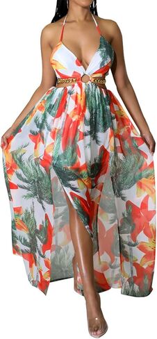 Qikaka Women's Sleeveless Deep V Neck Floral Printed Metal Chain Bodycon Sexy Nightclub Party Boho Dress in Kuwait