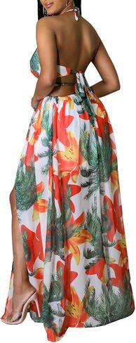 Qikaka Women's Sleeveless Deep V Neck Floral Printed Metal Chain Bodycon Sexy Nightclub Party Boho Dress in Kuwait