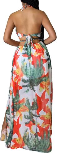 Qikaka Women's Sleeveless Deep V Neck Floral Printed Metal Chain Bodycon Sexy Nightclub Party Boho Dress in Kuwait