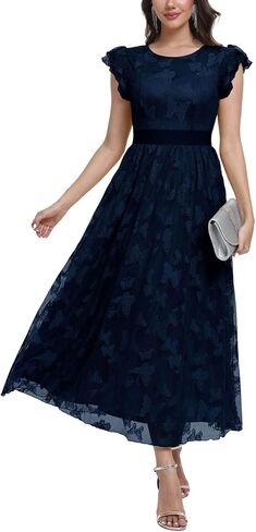 Women's Midi Formal Dress 2025 Flutter Short Sleeve Crewneck Lace Wedding Guest Party Dresses in Saudi Arabia