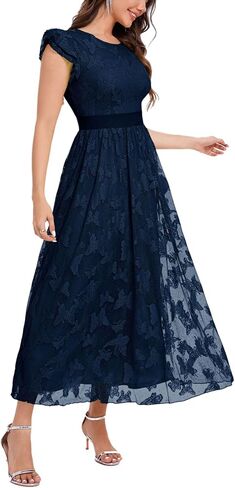 Women's Midi Formal Dress 2025 Flutter Short Sleeve Crewneck Lace Wedding Guest Party Dresses in Saudi Arabia
