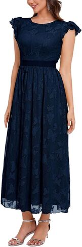 Women's Midi Formal Dress 2025 Flutter Short Sleeve Crewneck Lace Wedding Guest Party Dresses in Saudi Arabia