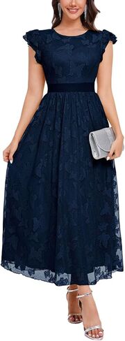 Women's Midi Formal Dress 2025 Flutter Short Sleeve Crewneck Lace Wedding Guest Party Dresses in Saudi Arabia