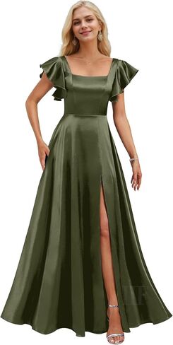 فساتين وصيفات الشرف قصيرة الأكمام مع جيوب مربعة الرقبة A-LINE SATIN PROM DUNT للنساء مع شق IIF134 in Kuwait