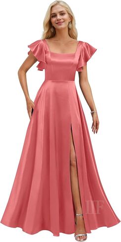 فساتين وصيفات الشرف قصيرة الأكمام مع جيوب مربعة الرقبة A-LINE SATIN PROM DUNT للنساء مع شق IIF134 in Kuwait