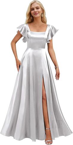 فساتين وصيفات الشرف قصيرة الأكمام مع جيوب مربعة الرقبة A-LINE SATIN PROM DUNT للنساء مع شق IIF134 in Kuwait