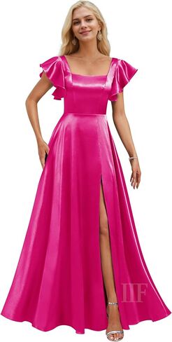 فساتين وصيفات الشرف قصيرة الأكمام مع جيوب مربعة الرقبة A-LINE SATIN PROM DUNT للنساء مع شق IIF134 in Kuwait