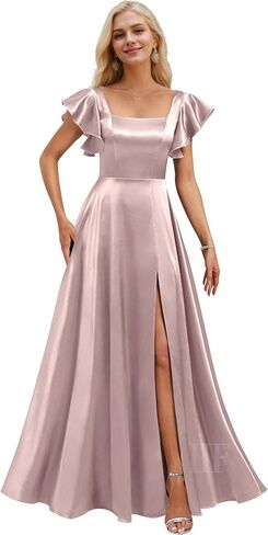 فساتين وصيفات الشرف قصيرة الأكمام مع جيوب مربعة الرقبة A-LINE SATIN PROM DUNT للنساء مع شق IIF134 in Kuwait