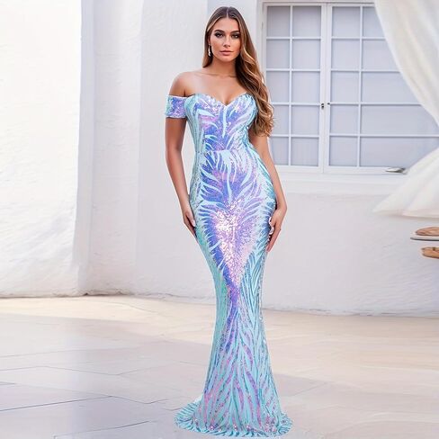 Holographic Sequin Formal Dress Stretch Maxi Prom Evening Gown in Kuwait