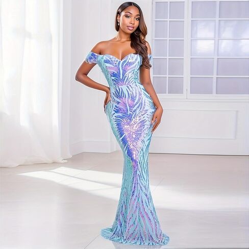 Holographic Sequin Formal Dress Stretch Maxi Prom Evening Gown in Kuwait
