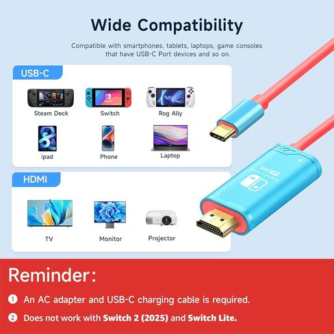 10FT/3m USB C to HDMI Cable Compatible with Nintendo Switch NS/OLED/Steam Deck/ROG Ally, Portable TV Connector Dock for Screen Mirroring, 4K@30Hz, Blue in Kuwait