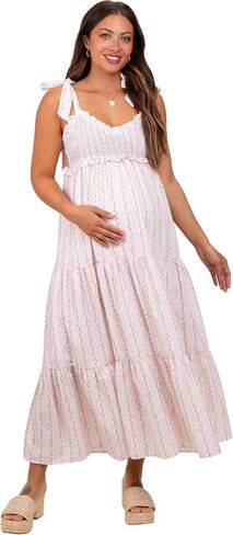 PinkBlush Floral Striped Smocked Shoulder Tie Maternity Maxi Dress in Saudi Arabia
