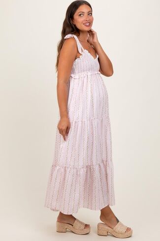 PinkBlush Floral Striped Smocked Shoulder Tie Maternity Maxi Dress in Saudi Arabia