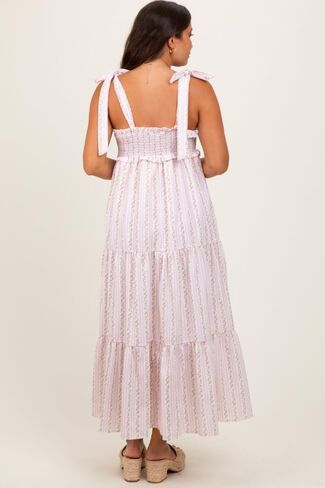 PinkBlush Floral Striped Smocked Shoulder Tie Maternity Maxi Dress in Saudi Arabia