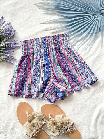 WDIRARA Women's Boho Floral Elastic High Waisted Shorts Wide Leg Casual Vacation Loose Shorts in Saudi Arabia