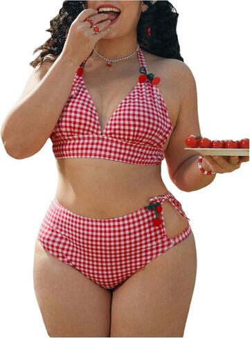 Women's Plus Size Plaid Cherry 2 Piece Bikini Set Gingham High Waisted Bathing Suit Swimwear in Saudi Arabia