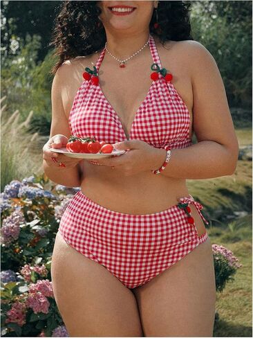 Women's Plus Size Plaid Cherry 2 Piece Bikini Set Gingham High Waisted Bathing Suit Swimwear in Saudi Arabia
