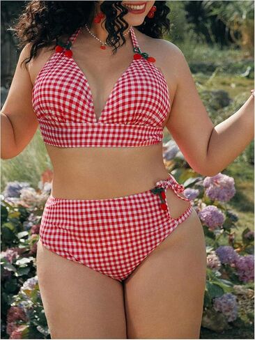 Women's Plus Size Plaid Cherry 2 Piece Bikini Set Gingham High Waisted Bathing Suit Swimwear in Saudi Arabia