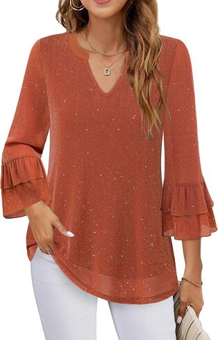 Womens Blouses Dressy Casual 3/4 Tiered Bell Sleeve Tops Double Layered Mesh V Neck Shirts in Kuwait