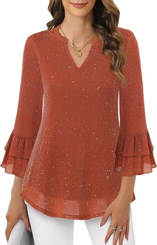 Womens Blouses Dressy Casual 3/4 Tiered Bell Sleeve Tops Double Layered Mesh V Neck Shirts in Kuwait