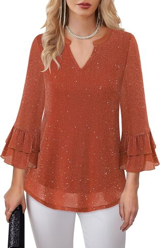 Womens Blouses Dressy Casual 3/4 Tiered Bell Sleeve Tops Double Layered Mesh V Neck Shirts in Kuwait