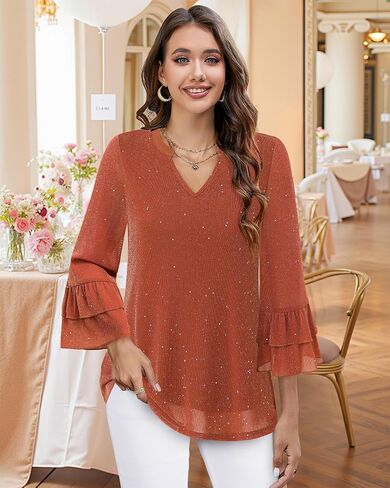 Womens Blouses Dressy Casual 3/4 Tiered Bell Sleeve Tops Double Layered Mesh V Neck Shirts in Kuwait