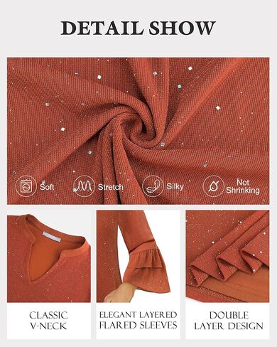Womens Blouses Dressy Casual 3/4 Tiered Bell Sleeve Tops Double Layered Mesh V Neck Shirts in Kuwait