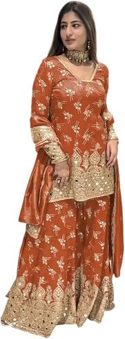 Majisa craft Women's Simmer Silk Embroidered Straight Kurta with Sharara & Dupatta Set in Saudi Arabia