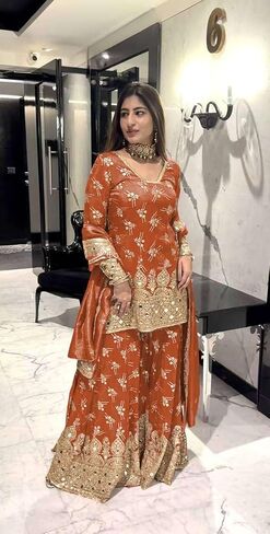 Majisa craft Women's Simmer Silk Embroidered Straight Kurta with Sharara & Dupatta Set in Saudi Arabia
