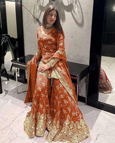 Majisa craft Women's Simmer Silk Embroidered Straight Kurta with Sharara & Dupatta Set in Saudi Arabia