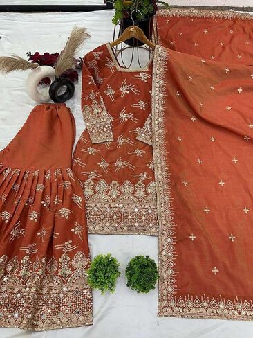 Majisa craft Women's Simmer Silk Embroidered Straight Kurta with Sharara & Dupatta Set in Saudi Arabia
