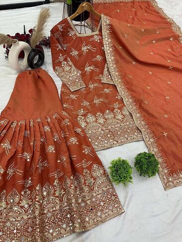 Majisa craft Women's Simmer Silk Embroidered Straight Kurta with Sharara & Dupatta Set in Saudi Arabia