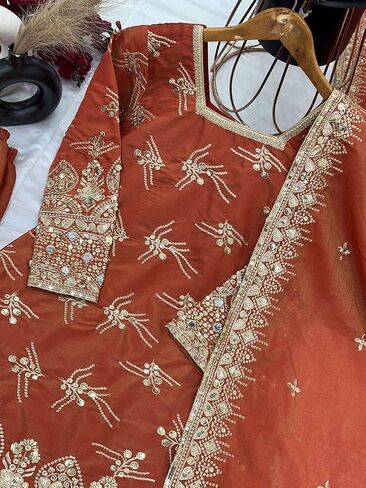 Majisa craft Women's Simmer Silk Embroidered Straight Kurta with Sharara & Dupatta Set in Saudi Arabia