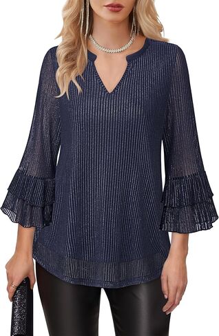 Womens Blouses Dressy Casual 3/4 Tiered Bell Sleeve Tops Double Layered Mesh V Neck Shirts in Kuwait