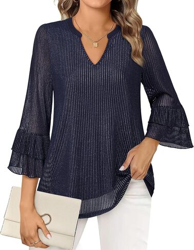 Womens Blouses Dressy Casual 3/4 Tiered Bell Sleeve Tops Double Layered Mesh V Neck Shirts in Kuwait