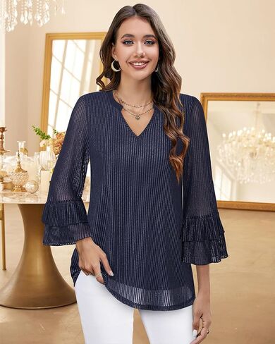 Womens Blouses Dressy Casual 3/4 Tiered Bell Sleeve Tops Double Layered Mesh V Neck Shirts in Kuwait