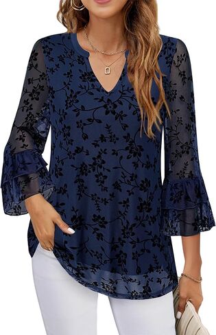 Womens Blouses Dressy Casual 3/4 Tiered Bell Sleeve Tops Double Layered Mesh V Neck Shirts in Kuwait