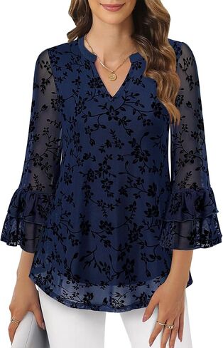 Womens Blouses Dressy Casual 3/4 Tiered Bell Sleeve Tops Double Layered Mesh V Neck Shirts in Kuwait