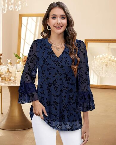 Womens Blouses Dressy Casual 3/4 Tiered Bell Sleeve Tops Double Layered Mesh V Neck Shirts in Kuwait