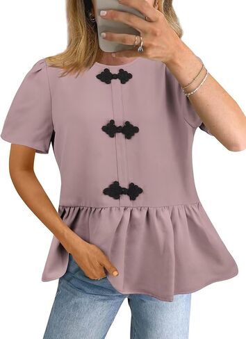 Women's Tunics Babydoll Top Short Sleeve Summer Tops Crew Neck Ruffle Pleated Blouse Tee Shirts in Kuwait