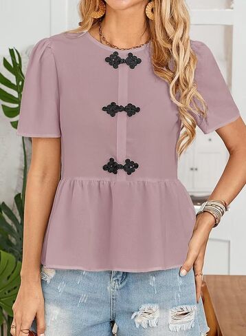 Women's Tunics Babydoll Top Short Sleeve Summer Tops Crew Neck Ruffle Pleated Blouse Tee Shirts in Kuwait