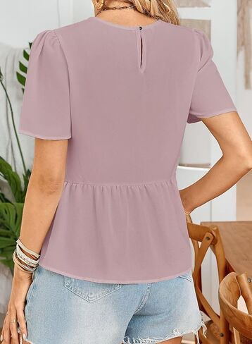 Women's Tunics Babydoll Top Short Sleeve Summer Tops Crew Neck Ruffle Pleated Blouse Tee Shirts in Kuwait