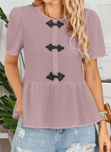 Women's Tunics Babydoll Top Short Sleeve Summer Tops Crew Neck Ruffle Pleated Blouse Tee Shirts in Kuwait