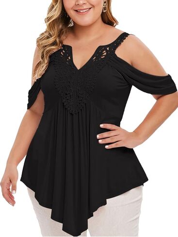 ROSE GAL Rosegal Women Plus Size Cold Shoulder Top Floral Applique Ruched Draped T-Shirt Open Shoulder Tunic Top in Saudi Arabia